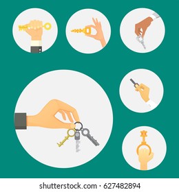 Hands holding key apartment selling human gesture sign security house concept vector illustration.