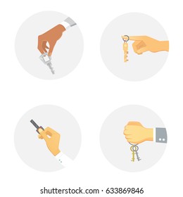 Hands holding key apartment selling human gesture sign security house concept vector illustration.