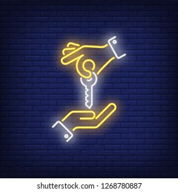 Hands holding key neon sign, Glowing hands with key on brick wall background. Vector illustration can be used for topics like investment, building, flat, mortgage