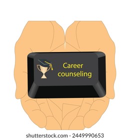 Manos sosteniendo un Botón de teclado con el texto de orientación profesional y un ícono con una gorra de graduación en un trofeo