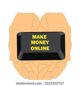 Las manos que sostienen un Botón de teclado con el texto hacen dinero en línea