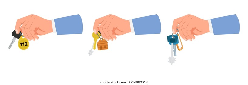 Hands holding keys to house, locker or hotel room. Human arms giving gesture. Latchkey on realtors and owners palms. Real estate. Building purchase. Rental home. Safe keyring. Vector lock openers set