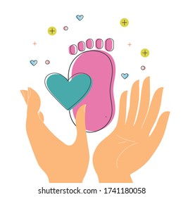 Hands holding kids footprint symbol Cute heart in footprint icon Parenting concept Children's footprint on white background Charity campaign Arrival greeting card Vector illustration