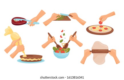 Hands Holding Kitchen Items and Cooking Meal Vector Illustrations Set
