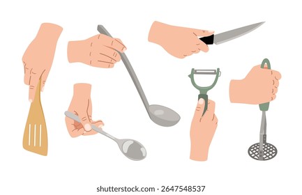 Mãos segurando utensílios de cozinha coleção vetorial. Espátula com fenda, colher, faca, concha, descascador de vegetais isolado no fundo branco arte original