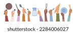 Hands holding kitchenware for cooking. Preparing food at home and making dishes. Cutlery and appliances for recipes. Vector in flat cartoon illustration