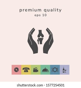 Hands holding knee-joint - protection icon. Graphic elements for your design