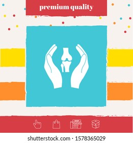 Hands holding knee-joint - protection icon. Graphic elements for your design