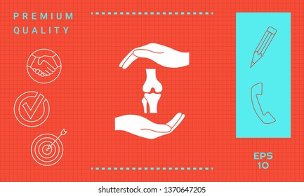 Hands holding knee-joint - protection symbol. Graphic elements for your design