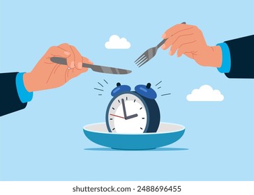 Hands holding knife and fork above alarm clock on a plate. Flat vector illustration