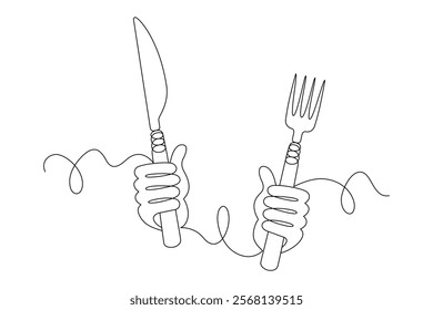 Hands holding knife and fork in fist drawn with continuous line in minimalism, waiting for food, eating activity concept, table setting, cutlery, one line, editable vector contour