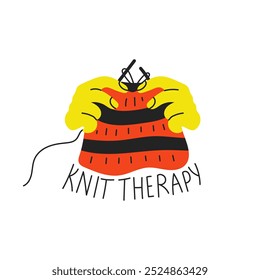 Hands Holding Knitting Needles Badge with Text. Knit Therapy motivational phrase sticker. Needlecraft, handmade, handiwork, craft clipart. Vector illustration