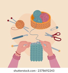 Hands holding knitting needles and threads. Handicraft process. Hand drawn vector illustration isolated on light background. Flat cartoon style.