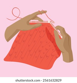 Hands holding knitting needles and knitting. Knitting a vector image. 