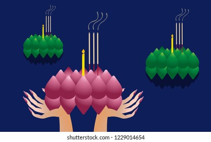 Hands holding Krathong(decorated baskets) and praying.