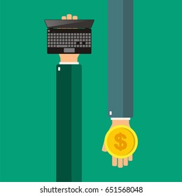 Hands holding a laptop. Buying laptop. Vector illustration.