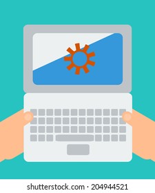 Hands holding laptop with opened app, vector illustration