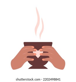 Hands holding a large brown mug of coffee. vector illustration