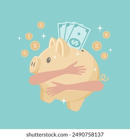 Hands holding a large golden piggy bank with dollar bills inside and coins around. Flat vector illustration