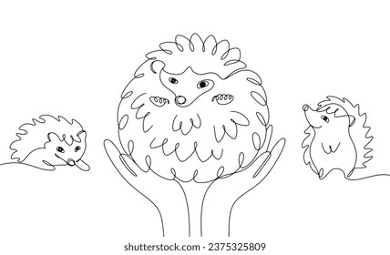 Hands holding a large hedgehog. Small hedgehogs on the sides. International Hedgehog Day. One line drawing for different uses. Vector illustration.