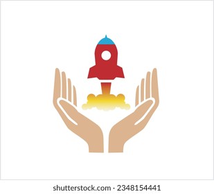 hands holding launched rocket vector design icon symbol illustration