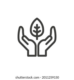 Hands holding a leaf icon. Environment friendly or sustainability brand emblem. Nature preservation concept.
