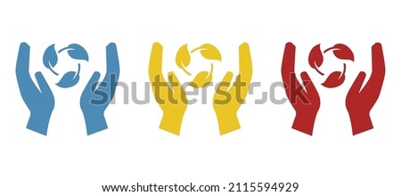 hands holding leaves, concept of nature conservation, ecology, vector illustration