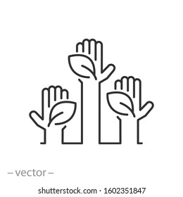 hands holding leaves icon, green environmental, eco thinking, thin line web symbol on white background - editable stroke vector illustration eps10