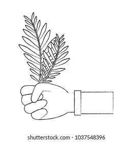 hands holding leaves palm traditional vector illustration sketch design