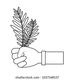 hands holding leaves palm traditional vector illustration outline design