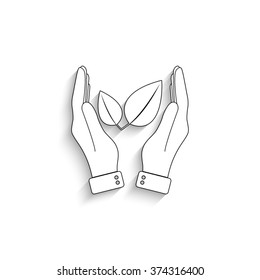 Hands holding the leaves  - vector icon
