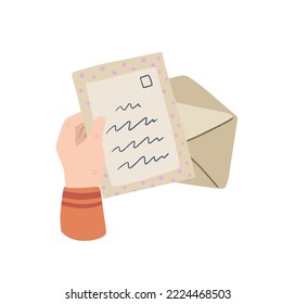 Hands holding letter. Envelope with greeting. Cute illustration of postcrossing. Handmade paper.