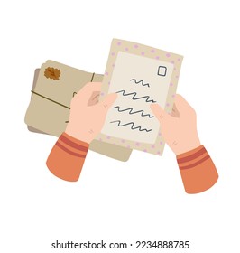 Hands holding letter. Envelope with greeting. Cute illustration of postcrossing. Handmade paper.