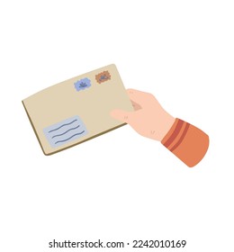 Manos sosteniendo la carta. Sobre con saludo. Ilustración minuciosa del poscruce. Papel hecho a mano.