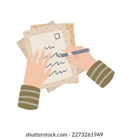 Manos sosteniendo la carta. Sobre con saludo. Ilustración minuciosa del poscruce. Papel hecho a mano.
