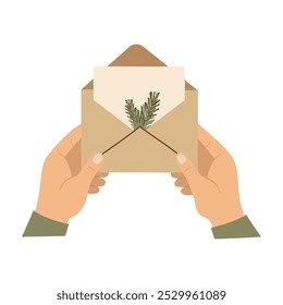Hands holding letter. Envelope with greeting. Christmas mail, postcard, hand drawn vector illustration.