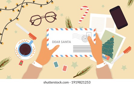 Hands Are Holding A Letter To Santa Claus. Writing A Letter To Santa With Wishlist For Christmas. Letter With Stamps. Flat Cartoon Vector Illustration