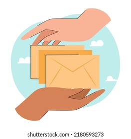 Hands holding letters. Envelopes or messages from people of different countries flat vector illustration. International communication, diversity, correspondence concept for banner or landing web page
