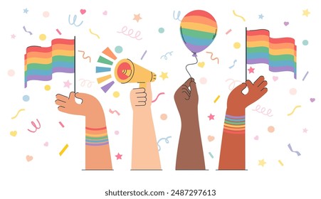 Hands holding lgbt elements pride month illustration. Take care love concept, supporting LGBTQ community