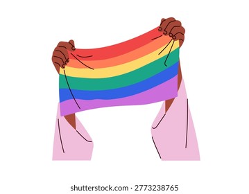 Hands holding LGBT flag, celebrating Pride Month. LGBTQ equality and rights symbol for lesbian, gay, transgender, homosexual people support. Flat vector illustration isolated on white background