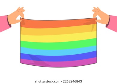 Hands holding LGBT flag vector illustration. Rainbow banner or poster isolated on white background. Community supporting and protecting gay people rights. LGBT, love, movement concept