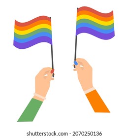 Hands holding lgbt flags. Vector illustration.