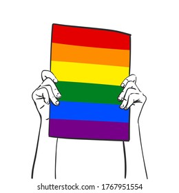 Hands holding LGBT gay pride banner. Vector sketch, Hand drawn illustration