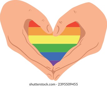 Hands holding LGBT heart, lgbt pride. Rainbow gay flag heart. symbol. a paper cutout heart colored like a LGBT flag isolated on white background