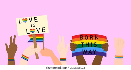 Hands holding LGBT posters. People are crowding with the rainbow flag, gender signs and hearts, the LGBTQ community, pride month. A set of vector illustrations of gay pride posters