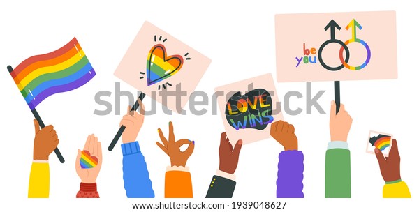 Hands Holding Lgbt Posters People Crowd With Rainbow Flag Gender