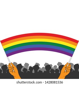 Hands holding LGBT pride flag. Rainbow flag as international symbol lesbian, gay, bisexual and transgender. Gay pride parade month. LGBT rights concept. Modern parades poster, banner, card, template.