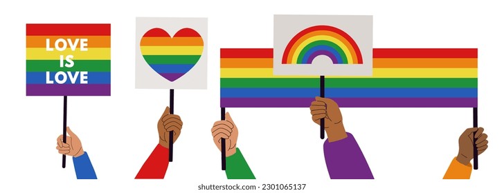 Hände, die LGBT-Regenbogenflaggen, Poster, Symbole tragen. Feierlichkeiten im vergangenen Monat. Schwuler Stolz. Flacher Stil. Vektorgrafik