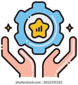 Hands Holding Light Blue Gear with Yellow Star and Graph Icon