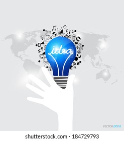 Hands holding light bulb with application icon. Vector illustration.